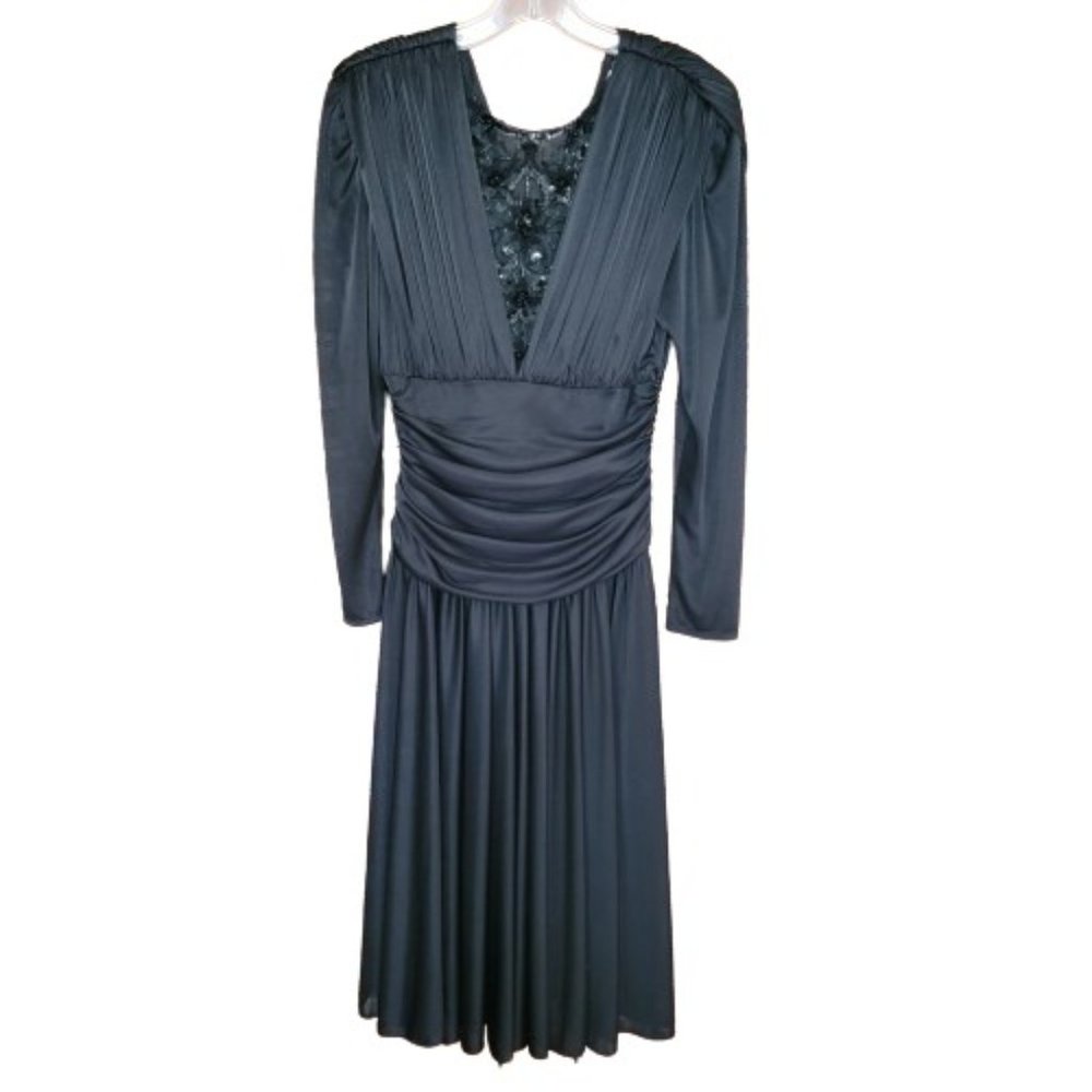 Abby Kent Black Sequin Draped Rouched Cocktail Disco Long Sleeve Dress